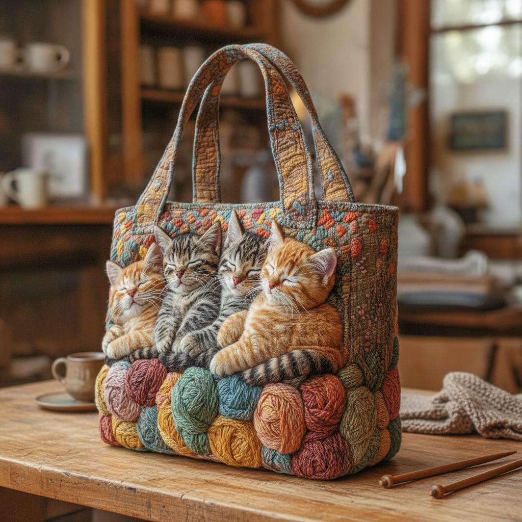 Borsa Tote Cozy Nap Squad — Usa a imagem de referência da mala como base principal. Mantém a mala igual ao original: mesmo formato, cores, padrão, alças, costuras, textura e proporções.

Cria uma foto