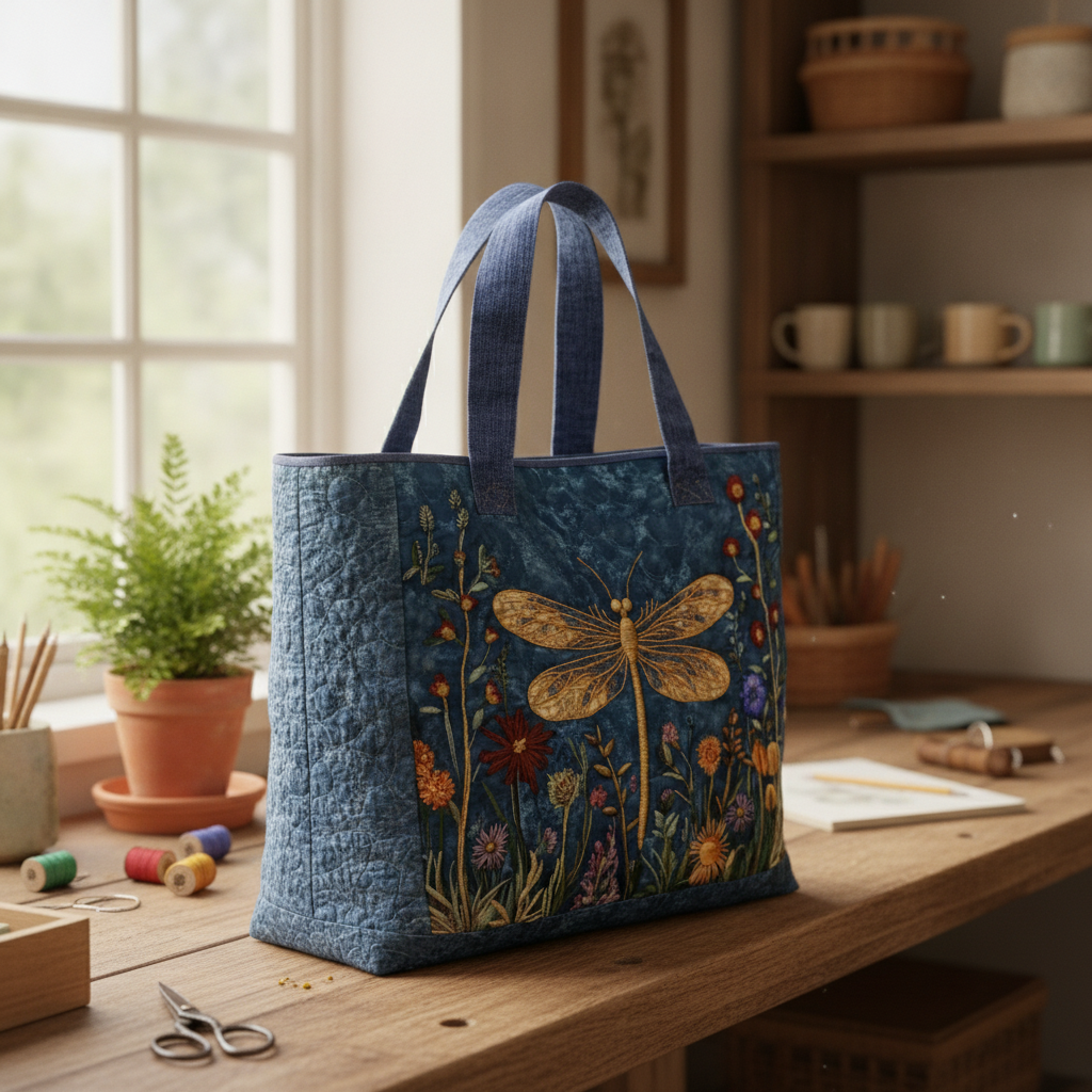 Borsa Trapuntata con Libellula Dorata Ricamata — Usa a imagem de referência da mala como base principal. Mantém a mala igual ao original: mesmo formato, cores, padrão, alças, costuras, textura e propo