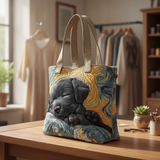 Borsa Tote Snooze Labrador Nero Starlight — Usa a imagem de referência da mala como base principal. Mantém a mala igual ao original: mesmo formato, cores, padrão, alças, costuras, textura e proporções