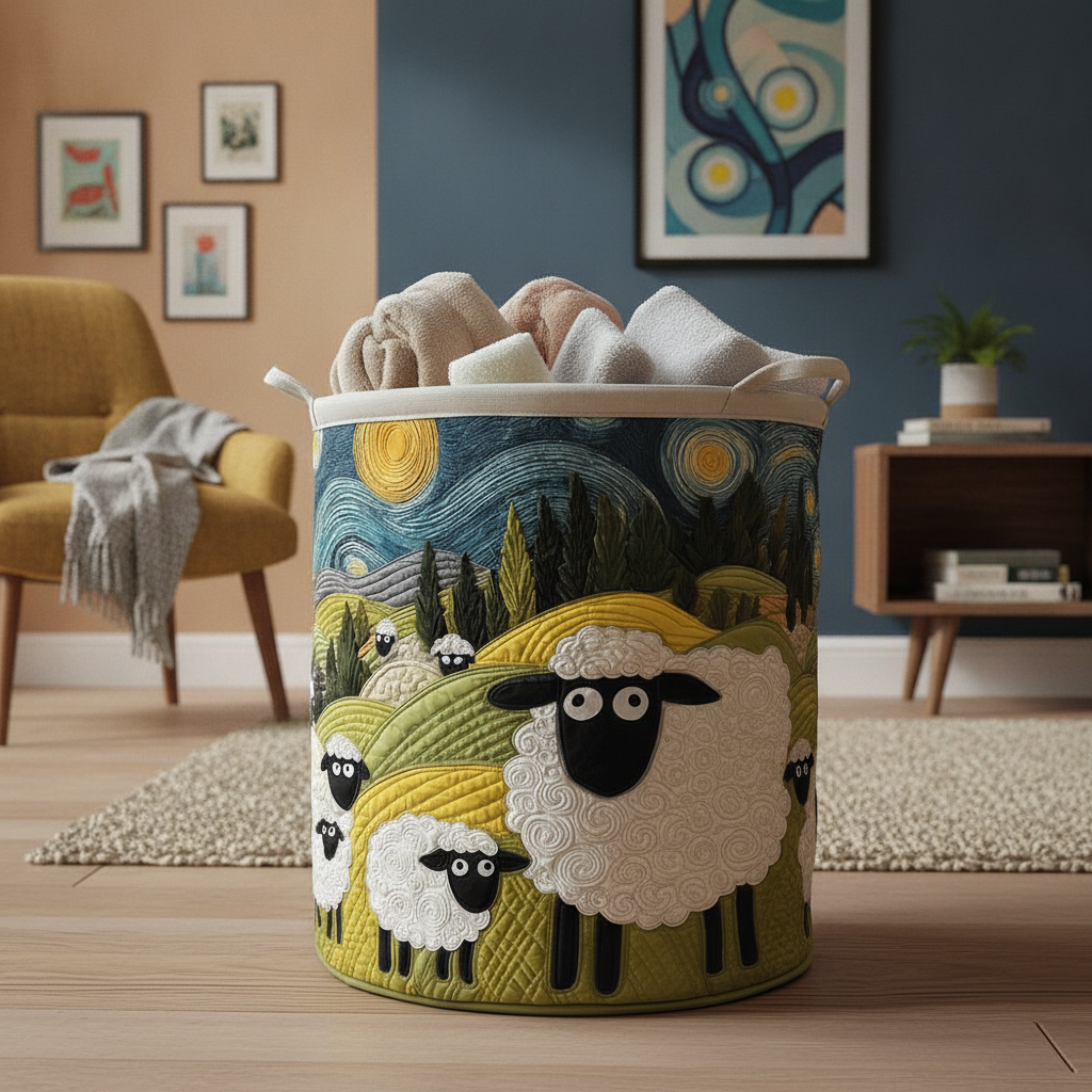 Cesto per la Biancheria Lamb Meadow — Usa a imagem de referência do cesto como base principal. Mantém o cesto igual ao original: mesmo formato, cores, padrão, pegas, textura e proporções.

Cria uma no