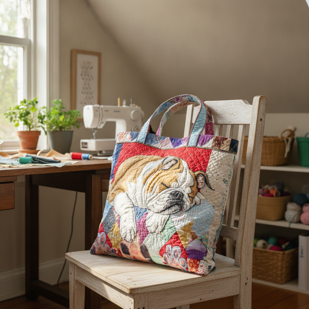 Borsa a Spalla Comfort Bulldog Sonnolento — Usa a imagem de referência da mala como base principal. Mantém a mala igual ao original: mesmo formato, cores, padrão, alças, costuras, textura e proporções