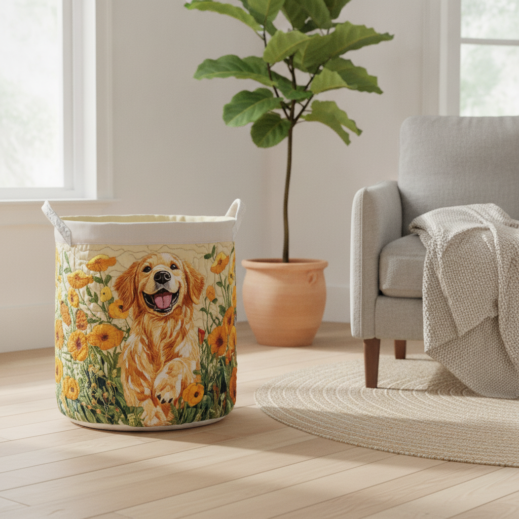 Cesto della Biancheria Felice Golden Pup — Usa a imagem de referência do cesto como base principal. Mantém o cesto igual ao original: mesmo formato, cores, padrão, pegas, textura e proporções.

Cria u