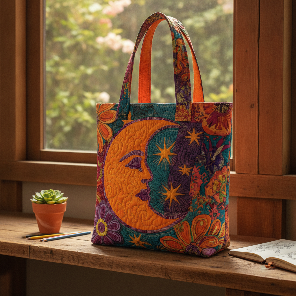 Borsa Tote Glow della Pace Lunare — Usa a imagem de referência da mala como base principal. Mantém a mala igual ao original: mesmo formato, cores, padrão, alças, costuras, textura e proporções.

Cria 