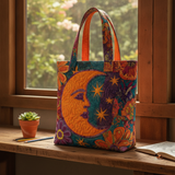 Borsa Tote Glow della Pace Lunare — Usa a imagem de referência da mala como base principal. Mantém a mala igual ao original: mesmo formato, cores, padrão, alças, costuras, textura e proporções.

Cria 