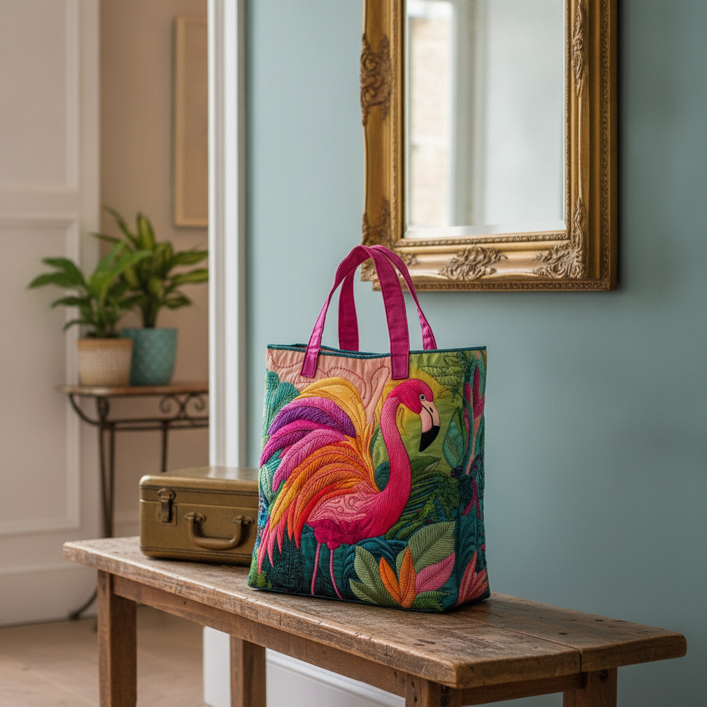 Borsa Tote Imbottita a Forma di Fenicottero Arcobaleno — Usa a imagem de referência da mala como base principal. Mantém a mala igual ao original: mesmo formato, cores, padrão, alças, costuras, textura