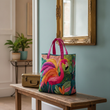 Borsa Tote Imbottita a Forma di Fenicottero Arcobaleno — Usa a imagem de referência da mala como base principal. Mantém a mala igual ao original: mesmo formato, cores, padrão, alças, costuras, textura