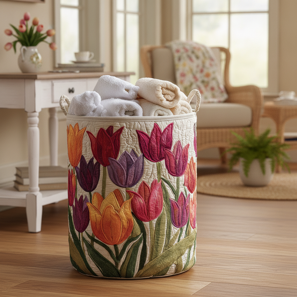 Cesto per la Biancheria Tulip Joy — Usa a imagem de referência do cesto como base principal. Mantém o cesto igual ao original: mesmo formato, cores, padrão, pegas, textura e proporções.

Cria uma nova