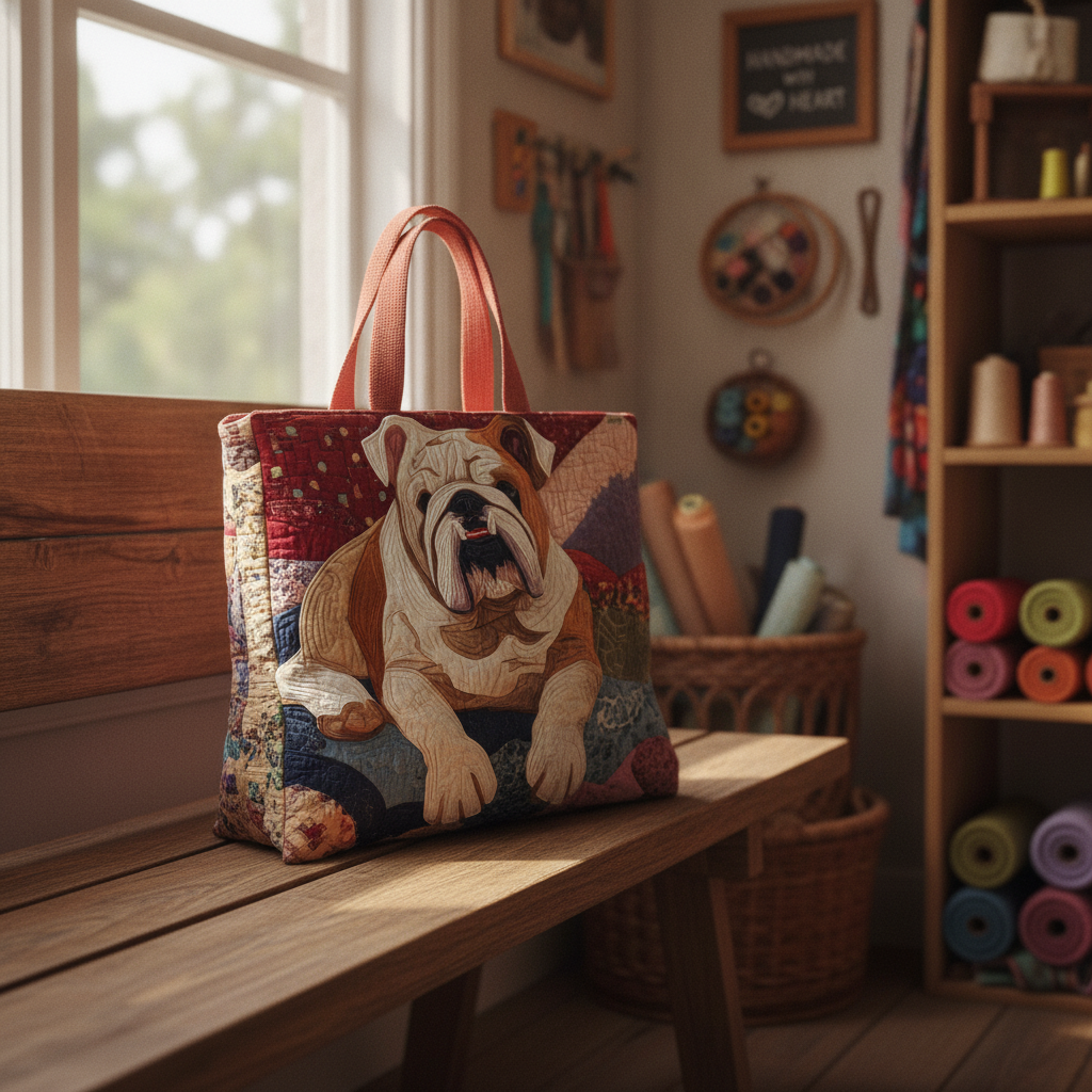 Borsa Tote Cuddle Bulldog — Usa a imagem de referência da mala como base principal. Mantém a mala igual ao original: mesmo formato, cores, padrão, alças, costuras, textura e proporções.

Cria uma foto