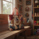 Borsa Tote Cuddle Bulldog — Usa a imagem de referência da mala como base principal. Mantém a mala igual ao original: mesmo formato, cores, padrão, alças, costuras, textura e proporções.

Cria uma foto