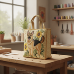 Borsa Tote con Motivo Floreale per Pastore Tedesco — Usa a imagem de referência da mala como base principal. Mantém a mala igual ao original: mesmo formato, cores, padrão, alças, costuras, textura e p