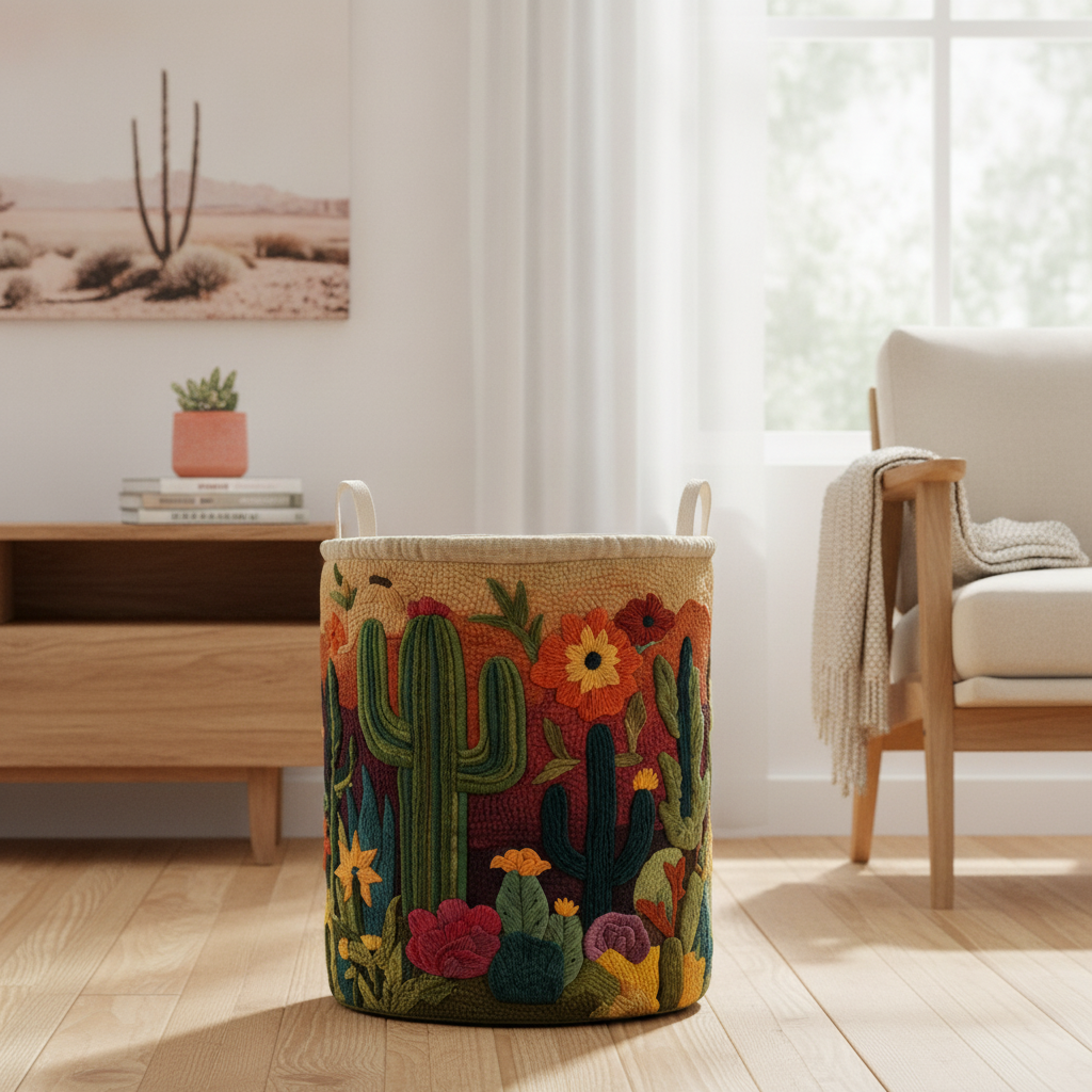 Cesto per la Biancheria Cactus Horizon — Usa a imagem de referência do cesto como base principal. Mantém o cesto igual ao original: mesmo formato, cores, padrão, pegas, textura e proporções.

Cria uma
