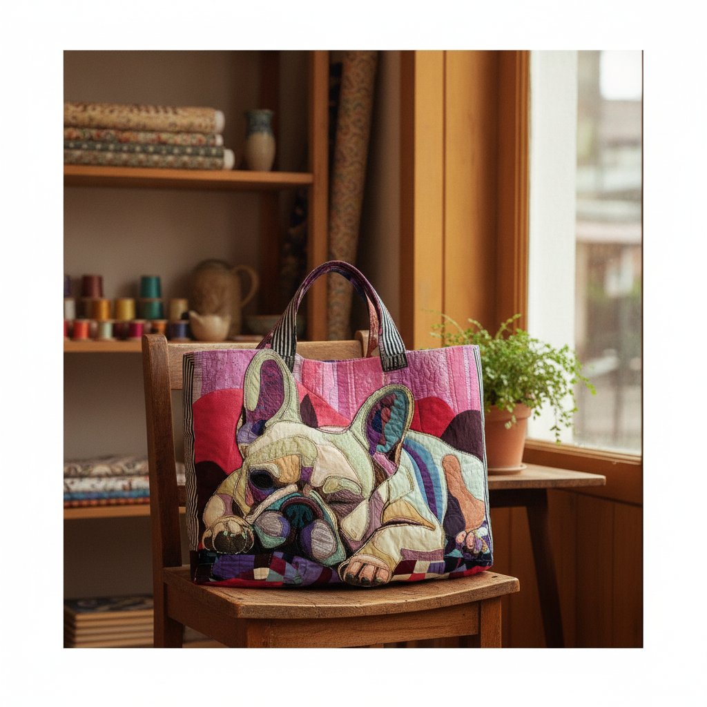 Borsa Tote Giorni da Bulldog Sognante — Usa a imagem de referência da mala como base principal. Mantém a mala igual ao original: mesmo formato, cores, padrão, alças, costuras, textura e proporções.

C