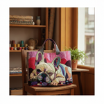 Borsa Tote Giorni da Bulldog Sognante — Usa a imagem de referência da mala como base principal. Mantém a mala igual ao original: mesmo formato, cores, padrão, alças, costuras, textura e proporções.

C