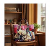 Borsa Tote Giorni da Bulldog Sognante — Usa a imagem de referência da mala como base principal. Mantém a mala igual ao original: mesmo formato, cores, padrão, alças, costuras, textura e proporções.

C