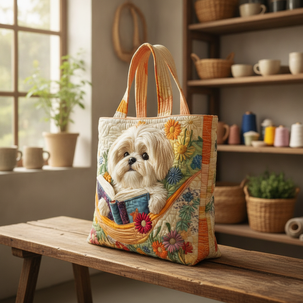Borsa Tote Shih Tzu — Usa a imagem de referência da mala como base principal. Mantém a mala igual ao original: mesmo formato, cores, padrão, alças, costuras, textura e proporções.

Cria uma fotografia