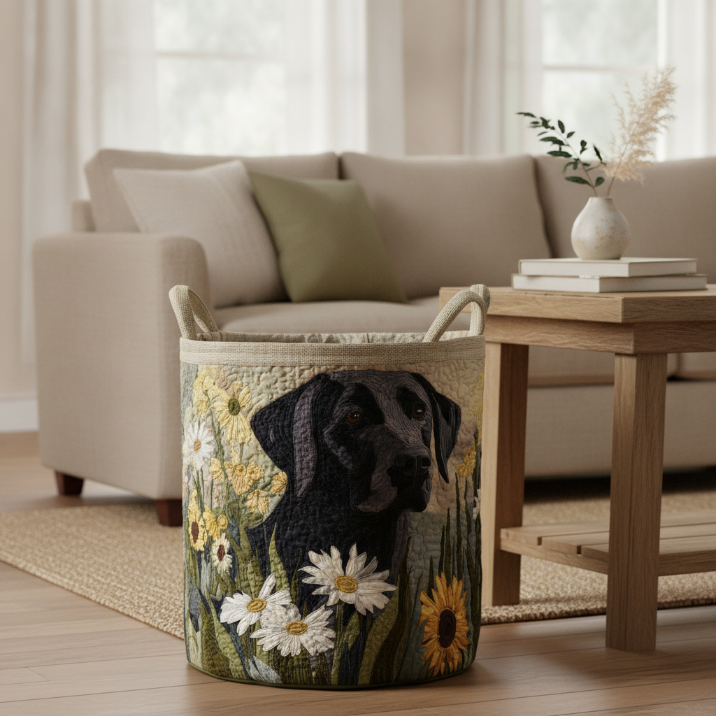 Cesto della Biancheria Black Lab Blooms — Usa a imagem de referência do cesto como base principal. Mantém o cesto igual ao original: mesmo formato, cores, padrão, pegas, textura e proporções.

Cria um