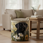Cesto della Biancheria Black Lab Blooms — Usa a imagem de referência do cesto como base principal. Mantém o cesto igual ao original: mesmo formato, cores, padrão, pegas, textura e proporções.

Cria um