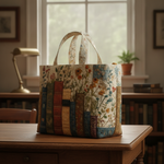 Borsa a Spalla Trapuntata Books and Blooms — Usa a imagem de referência da mala como base principal. Mantém a mala igual ao original: mesmo formato, cores, padrão, alças, costuras, textura e proporçõe