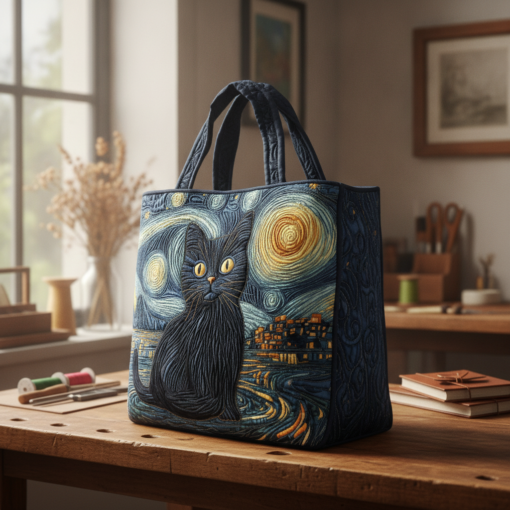 Borsa Tote Guardiano del Cielo Notturno — Usa a imagem de referência da mala como base principal. Mantém a mala igual ao original: mesmo formato, cores, padrão, alças, costuras, textura e proporções.
