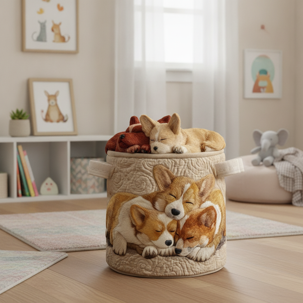 Cesto per la Biancheria dei Sogni Corgi delle Feste — Usa a imagem de referência do cesto como base principal. Mantém o cesto igual ao original: mesmo formato, cores, padrão, pegas, textura e proporçõ