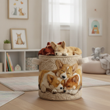 Cesto per la Biancheria dei Sogni Corgi delle Feste — Usa a imagem de referência do cesto como base principal. Mantém o cesto igual ao original: mesmo formato, cores, padrão, pegas, textura e proporçõ