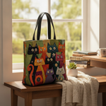 Borsa Tote Whimsy Whiskers — Usa a imagem de referência da mala como base principal. Mantém a mala igual ao original: mesmo formato, cores, padrão, alças, costuras, textura e proporções.

Cria uma fot