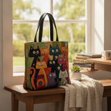 Borsa Tote Whimsy Whiskers — Usa a imagem de referência da mala como base principal. Mantém a mala igual ao original: mesmo formato, cores, padrão, alças, costuras, textura e proporções.

Cria uma fot