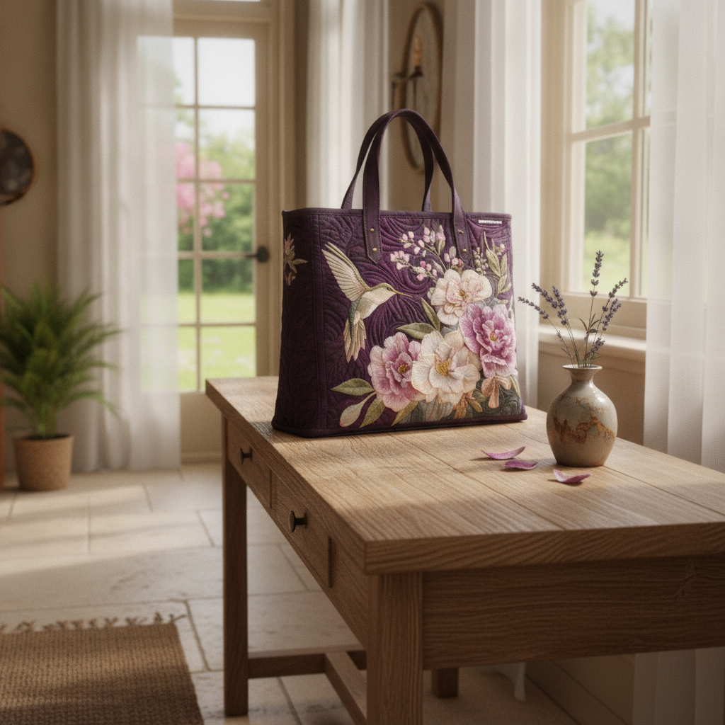 Borsa a Spalla Trapuntata Viola con Colibrì e Orchidee — Usa a imagem de referência da mala como base principal. Mantém a mala igual ao original: mesmo formato, cores, padrão, alças, costuras, textura