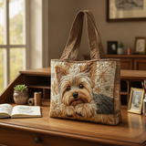Elegante Borsa Tote Yorkie Fatta a Mano — Usa a imagem de referência da mala como base principal. Mantém a mala igual ao original: mesmo formato, cores, padrão, alças, costuras, textura e proporções.
