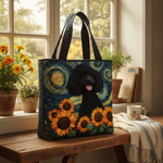 Borsa Tote con Sorriso di Girasole Stellato — Usa a imagem de referência da mala como base principal. Mantém a mala igual ao original: mesmo formato, cores, padrão, alças, costuras, textura e proporçõ