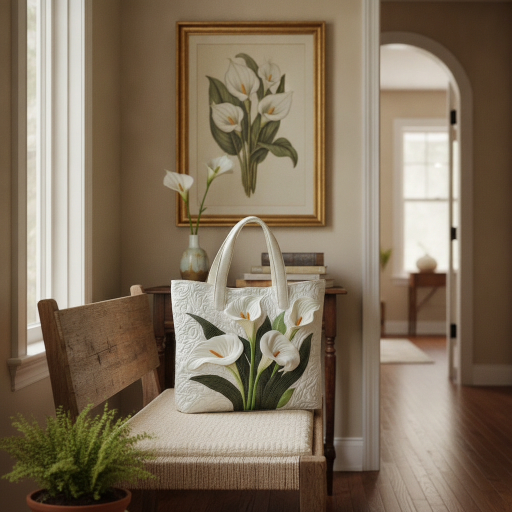 Borsa a Mano in Calla Lily Bianca Trapuntata — Usa a imagem de referência da mala como base principal. Mantém a mala igual ao original: mesmo formato, cores, padrão, alças, costuras, textura e proporç
