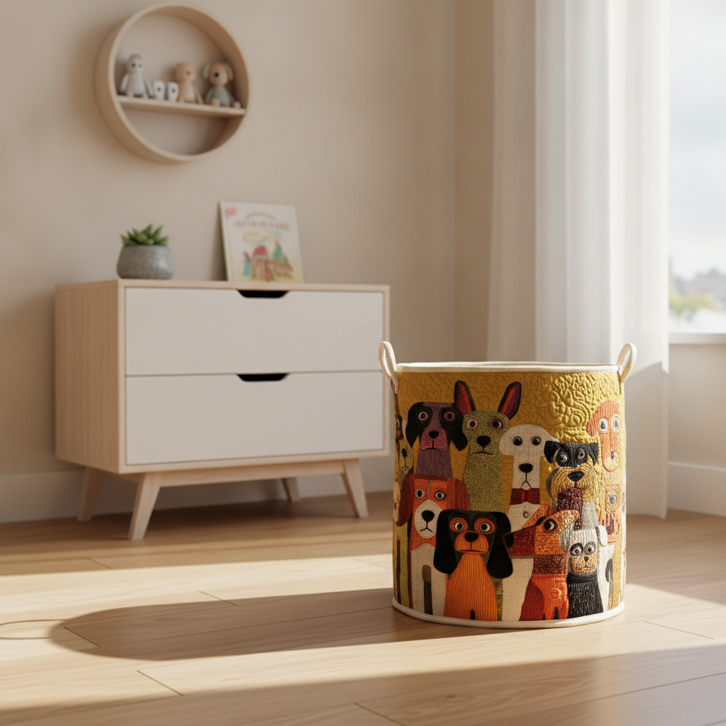 Cesto della Biancheria Whimsy Woofs — Usa a imagem de referência do cesto como base principal. Mantém o cesto igual ao original: mesmo formato, cores, padrão, pegas, textura e proporções.

Cria uma no