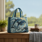 Borsa a Spalla Artigianale Dolphin Ispirata all'Oceano — Usa a imagem de referência da mala como base principal. Mantém a mala igual ao original: mesmo formato, cores, padrão, alças, costuras, textura