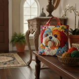 Borsa Tote Shih Tzu Floreale — Usa a imagem de referência da mala como base principal. Mantém a mala igual ao original: mesmo formato, cores, padrão, alças, costuras, textura e proporções.

Cria uma f