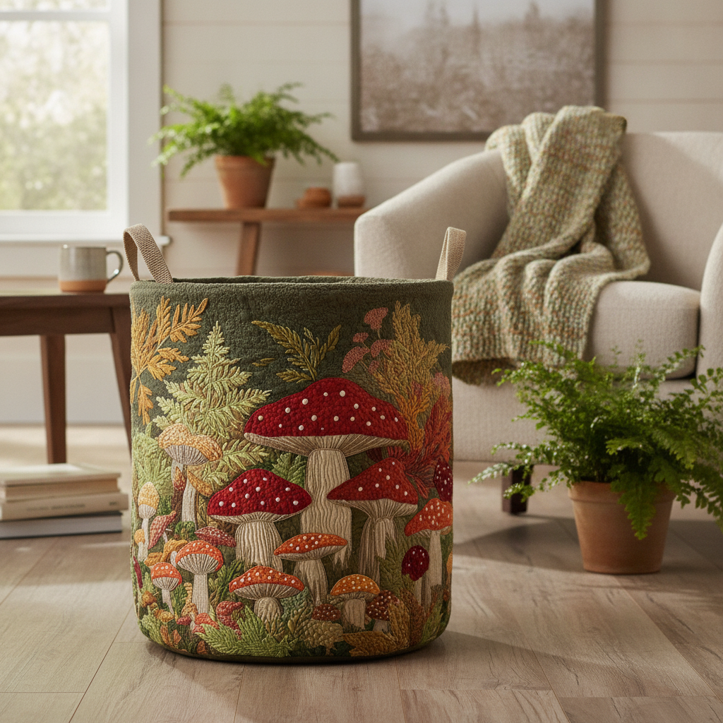 Cesto per la Biancheria a Motivo Funghi del Bosco — Usa a imagem de referência do cesto como base principal. Mantém o cesto igual ao original: mesmo formato, cores, padrão, pegas, textura e proporções