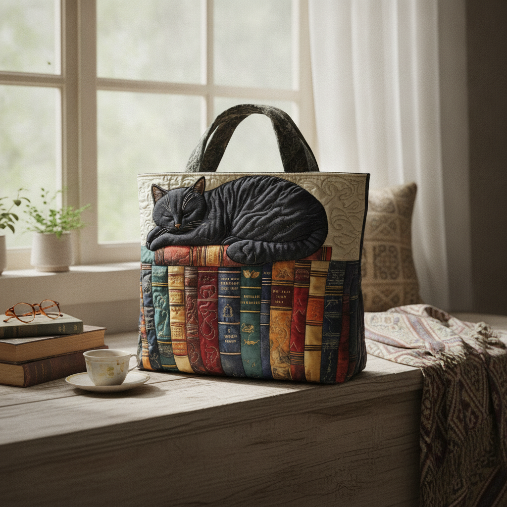 Borsa Tote Napper Book Nook — Usa a imagem de referência da mala como base principal. Mantém a mala igual ao original: mesmo formato, cores, padrão, alças, costuras, textura e proporções.

Cria uma fo