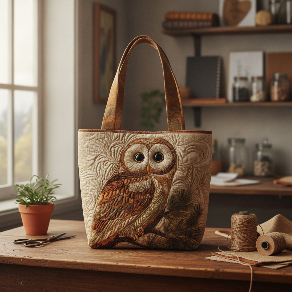 Borsa Tote Gufo Sacro — Usa a imagem de referência da mala como base principal. Mantém a mala igual ao original: mesmo formato, cores, padrão, alças, costuras, textura e proporções.

Cria uma fotograf