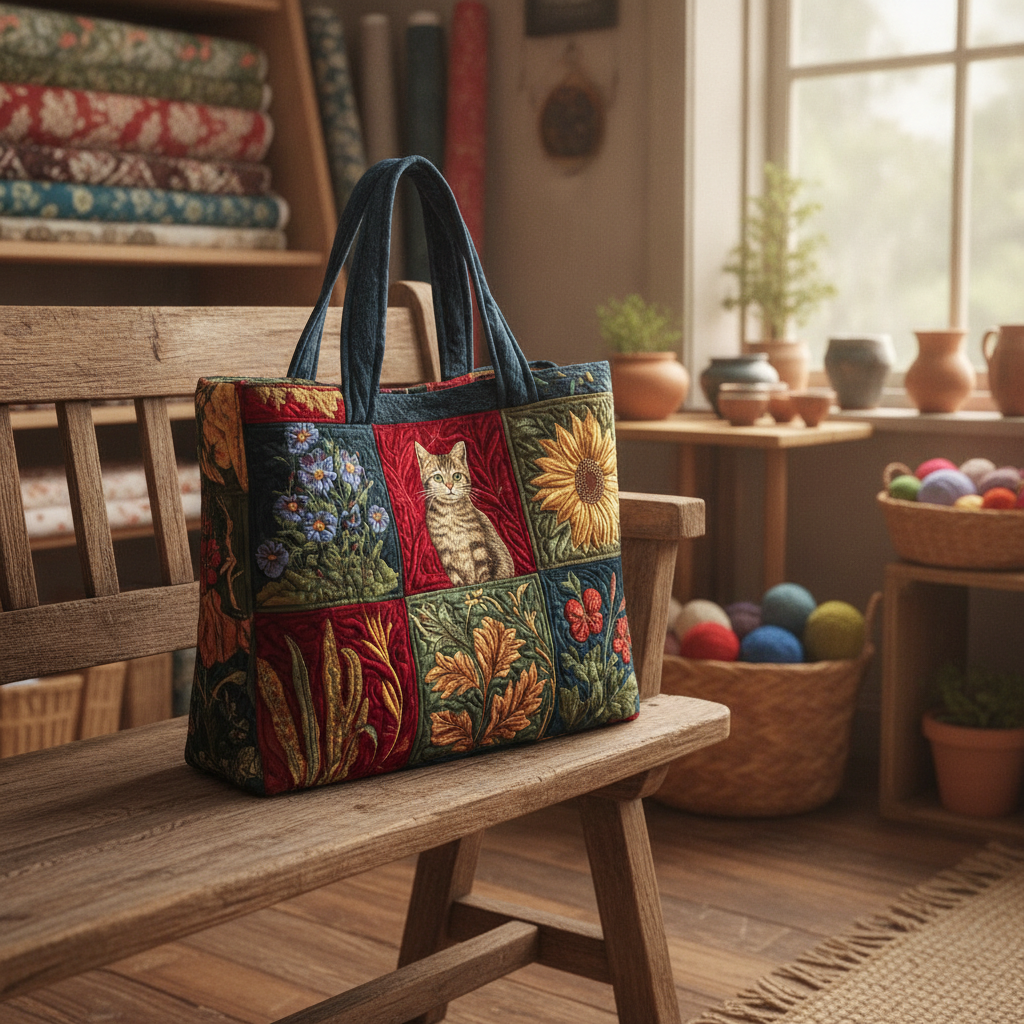 Borsa Tote "Gatto in Fiore" — Usa a imagem de referência da mala como base principal. Mantém a mala igual ao original: mesmo formato, cores, padrão, alças, costuras, textura e proporções.

Cria uma fo