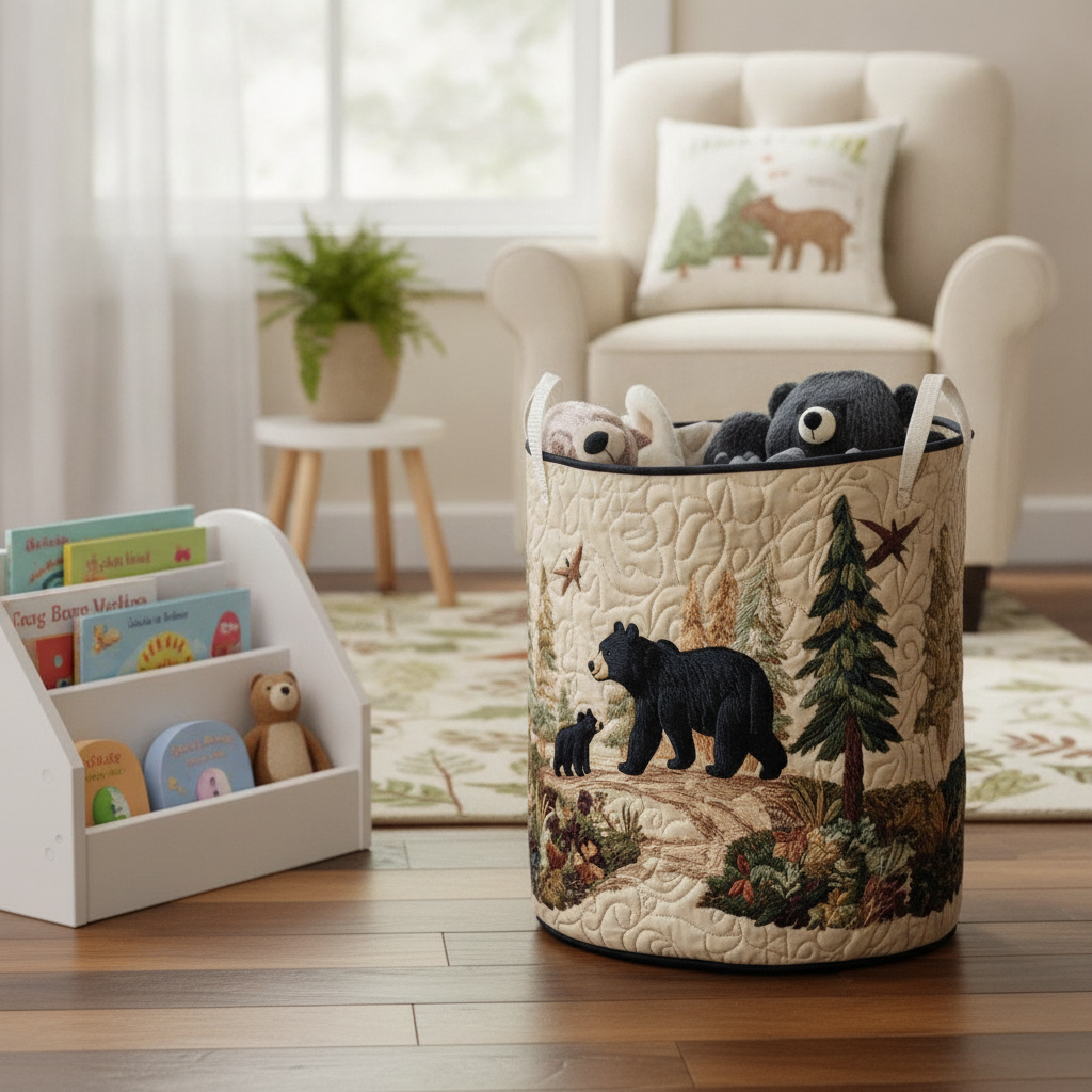 Cesto della Lavanderia in Stile Rustico con Orso — Usa a imagem de referência do cesto como base principal. Mantém o cesto igual ao original: mesmo formato, cores, padrão, pegas, textura e proporções.