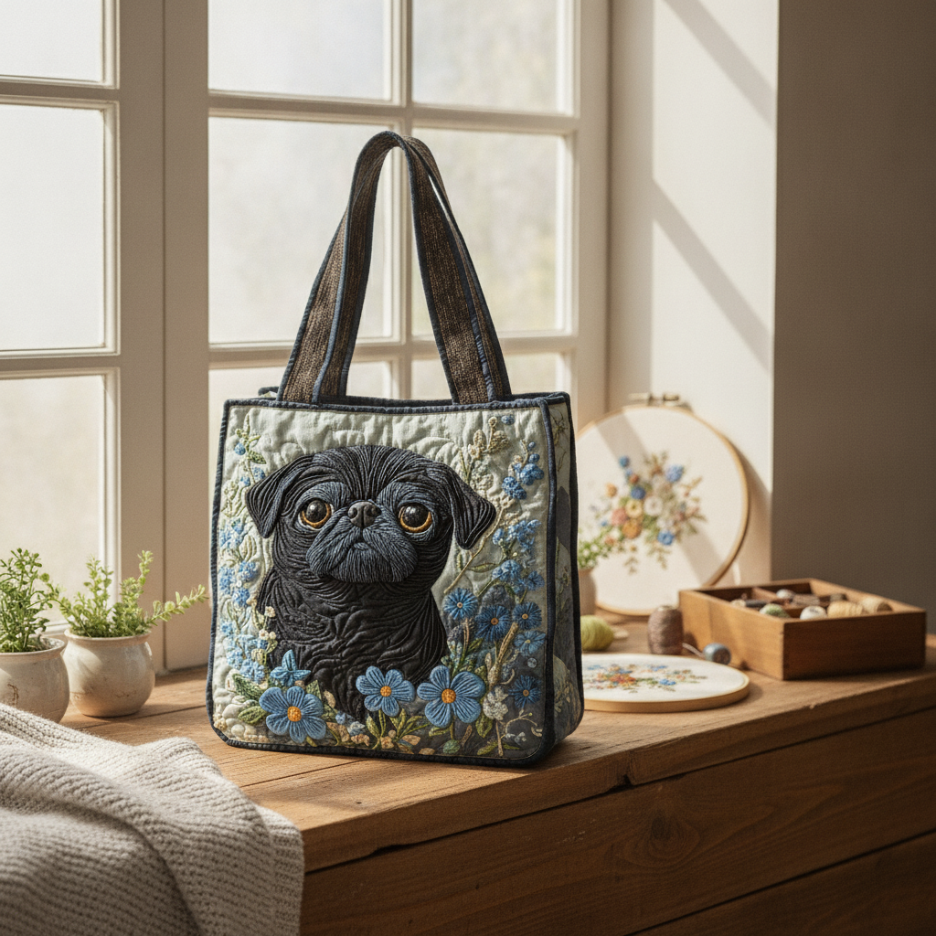 Borsa Tote Charm Pug dagli Occhi Blu — Usa a imagem de referência da mala como base principal. Mantém a mala igual ao original: mesmo formato, cores, padrão, alças, costuras, textura e proporções.

Cr