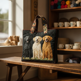 Borsa Artigianale con Tre Labrador — Usa a imagem de referência da mala como base principal. Mantém a mala igual ao original: mesmo formato, cores, padrão, alças, costuras, textura e proporções.

Cria