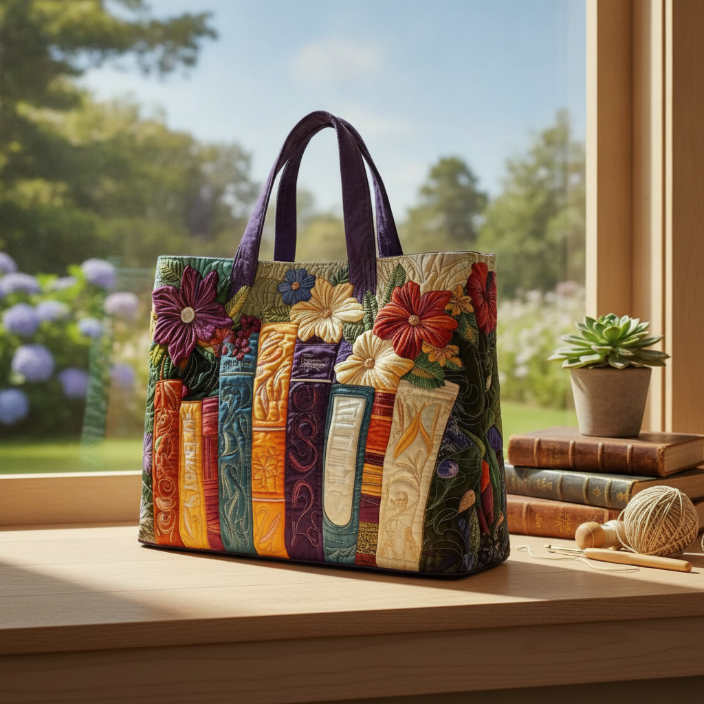 Borsa a Spalla Trapuntata per Amanti dei Libri — Usa a imagem de referência da mala como base principal. Mantém a mala igual ao original: mesmo formato, cores, padrão, alças, costuras, textura e propo